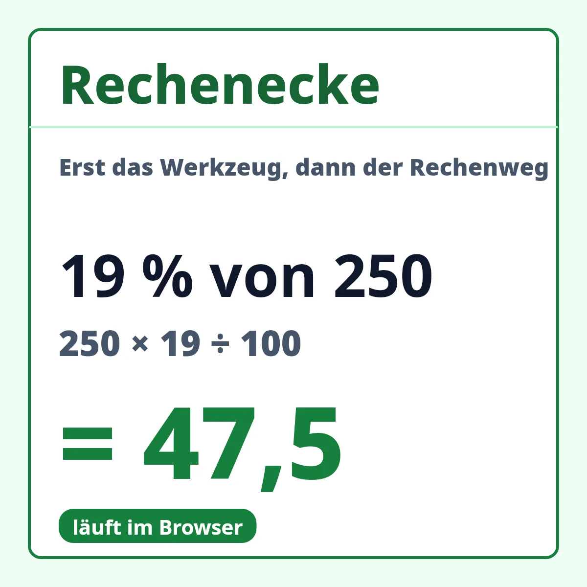 Rechenecke: Beispielrechnung 19 % von 250 ergibt 47,5