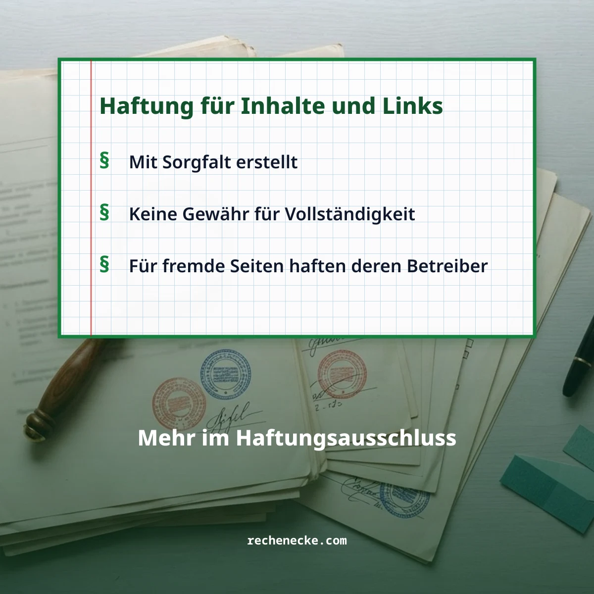 Haftung für Inhalte und Links: mit Sorgfalt erstellt, ohne Gewähr, fremde Seiten in Verantwortung ihrer Betreiber