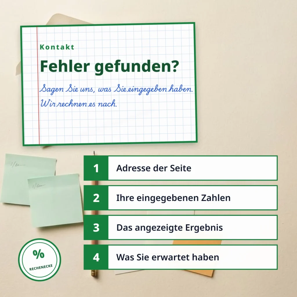 Vier Angaben für eine Fehlermeldung bei Rechenecke: Seite, Eingabe, Ergebnis und Erwartung